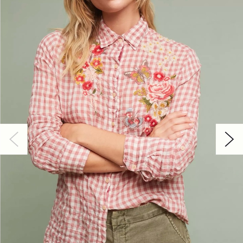 Johnny Was Pink Gingham Embroidered Button-Up Blouse